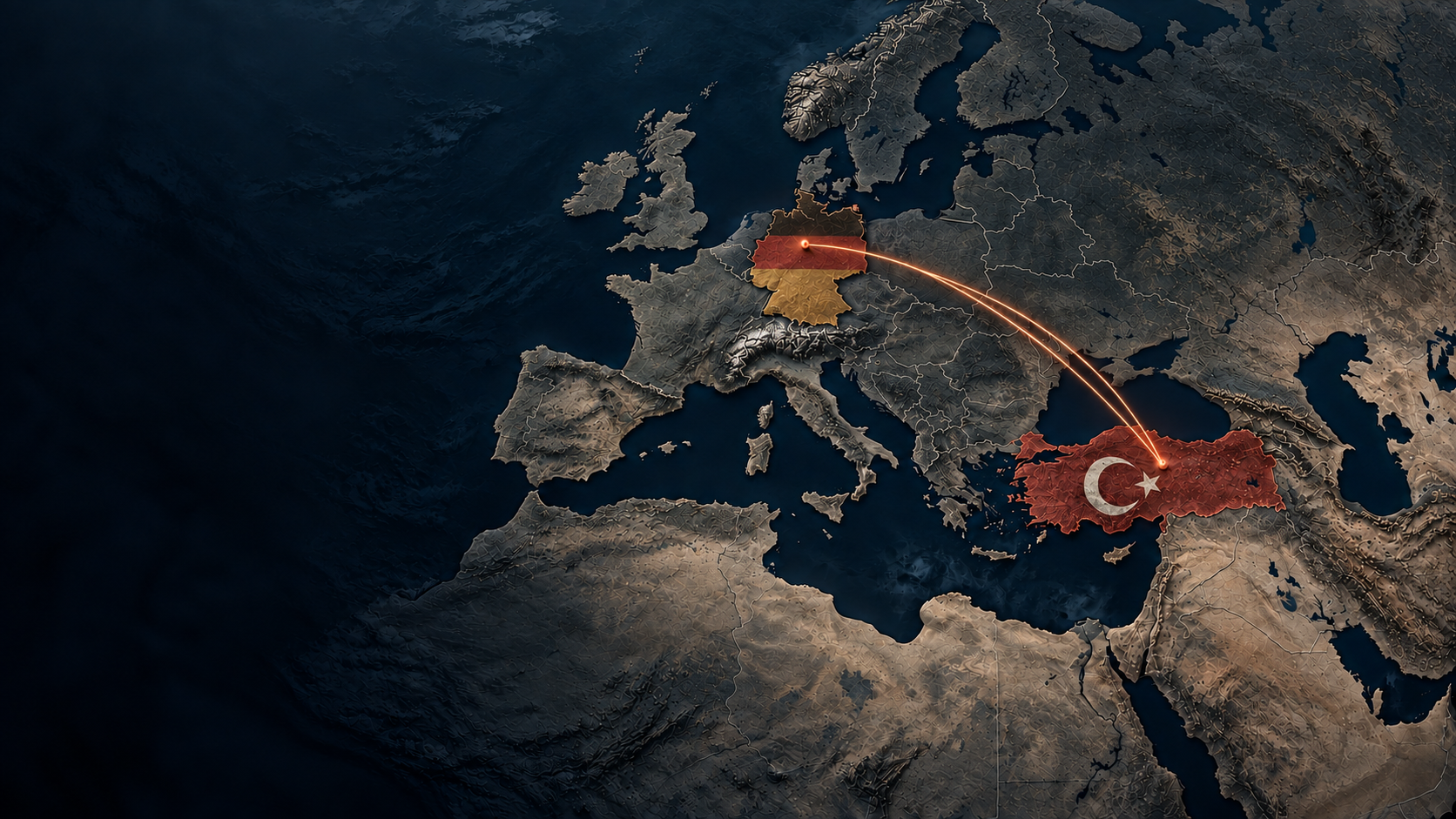 Landkarte mit Deutschland und der Türkei in ihren Flaggenfarben.